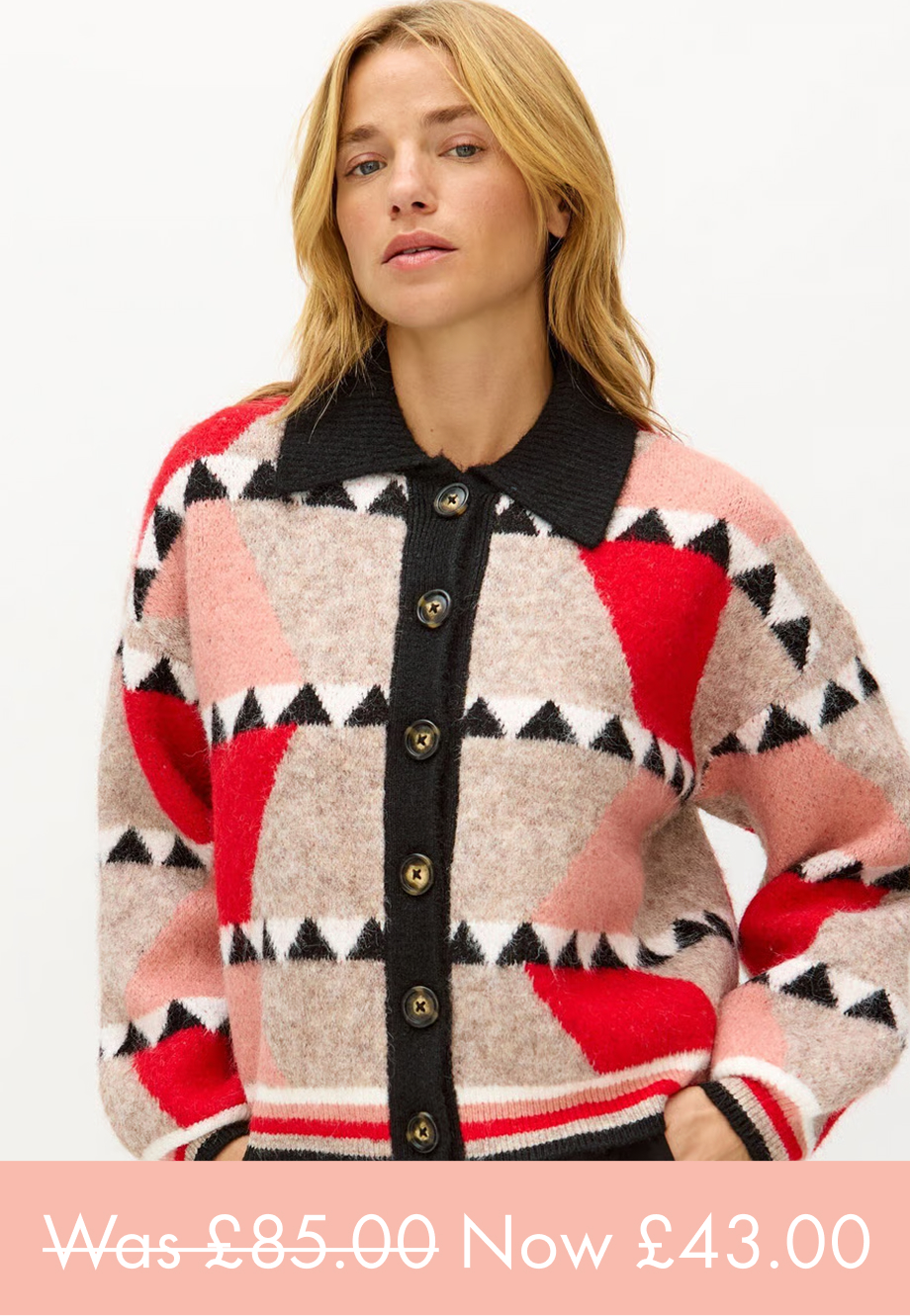 Brown & Red Geometric Button Up Knitted Bomber Jacket